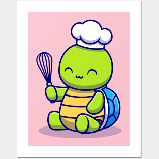 Cute Turtle Chef Cooking Cartoon Posters and Art